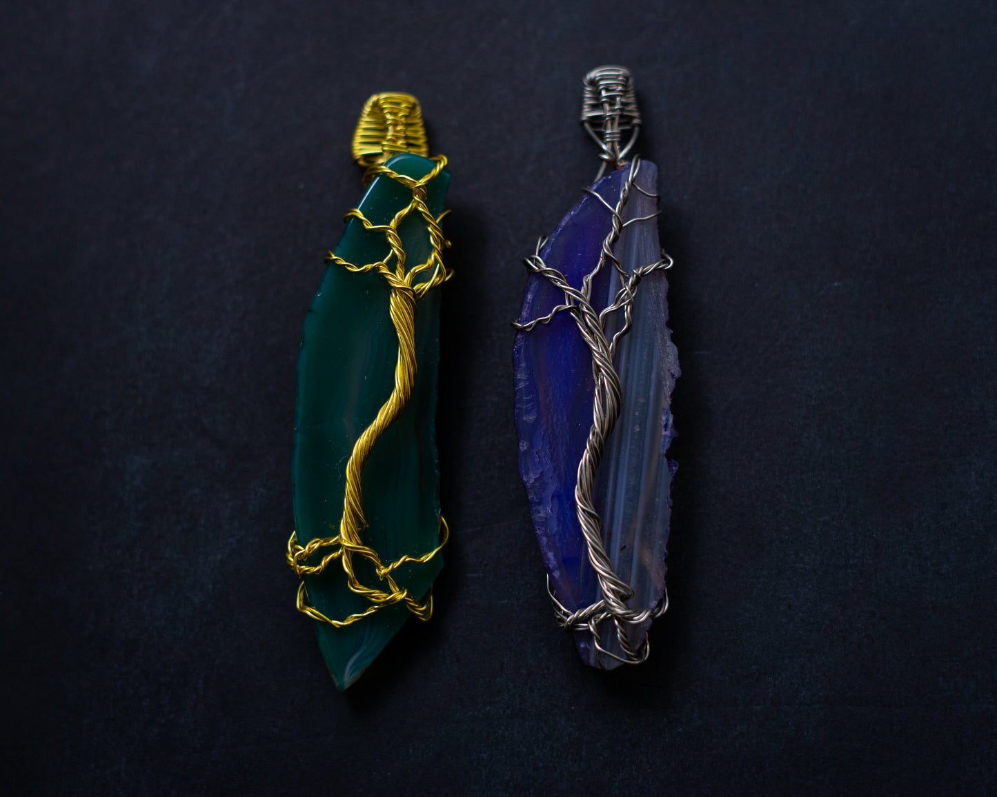 The Gypsy Noir - Agate slice necklace pair. Tree of life necklace. Tree of life agate slice. Agate slice jewelry set. 